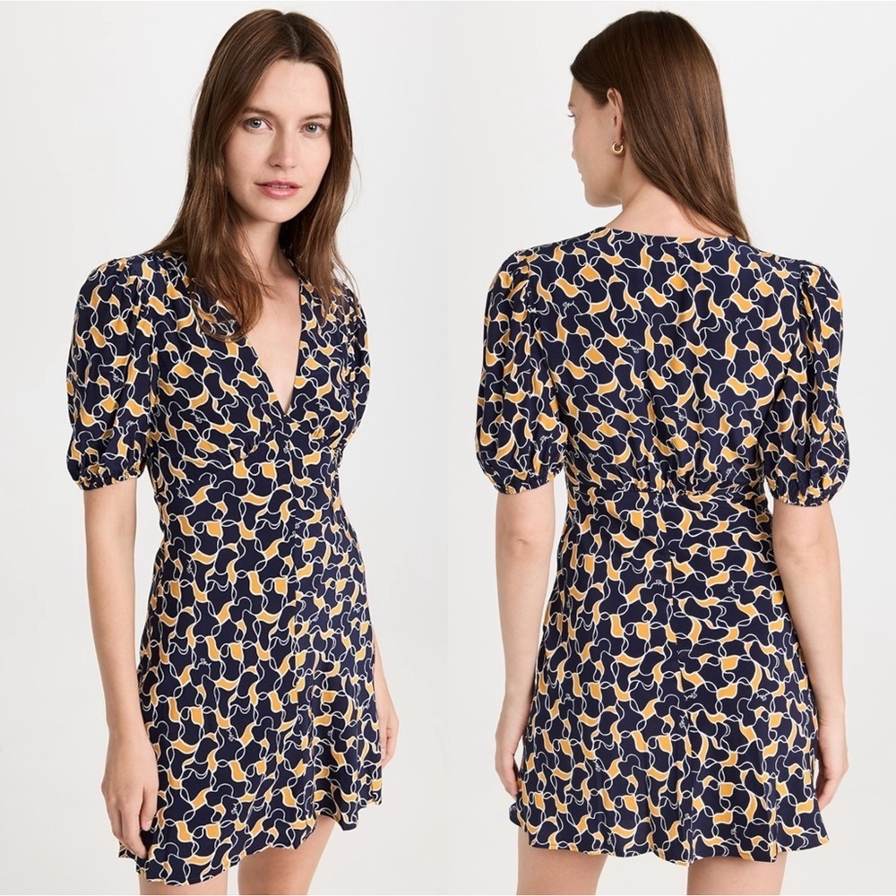 STAUD 90s Navy Abstract Print Puff Short Sleeve V-Neck Empire Waist Dress 10 - Picture 4 of 7